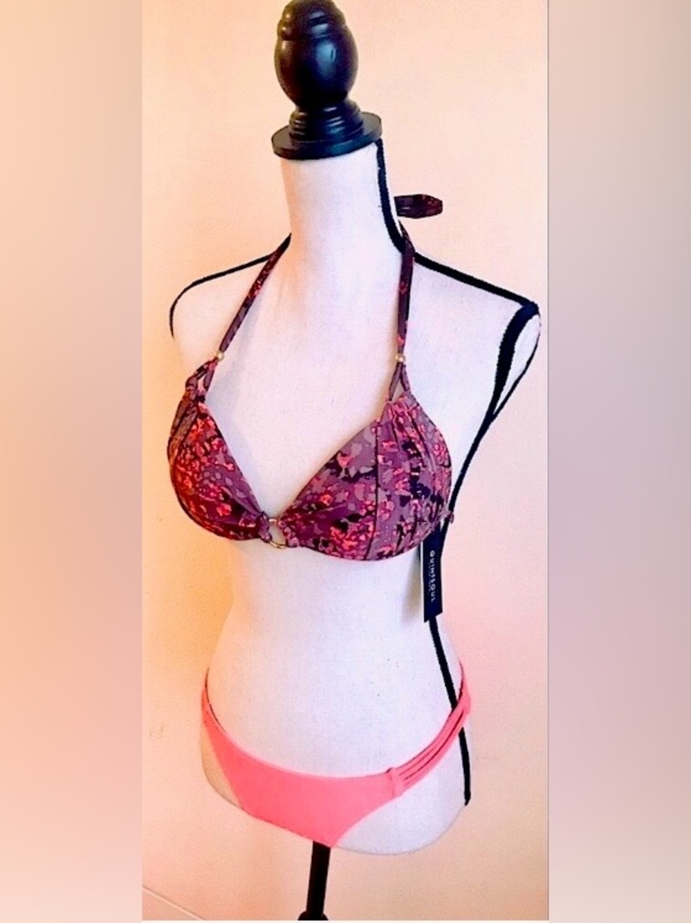Bikini Swimsuit: Brown & Salmon Pink Top & Pink Bikini Bottoms, Sz. M
